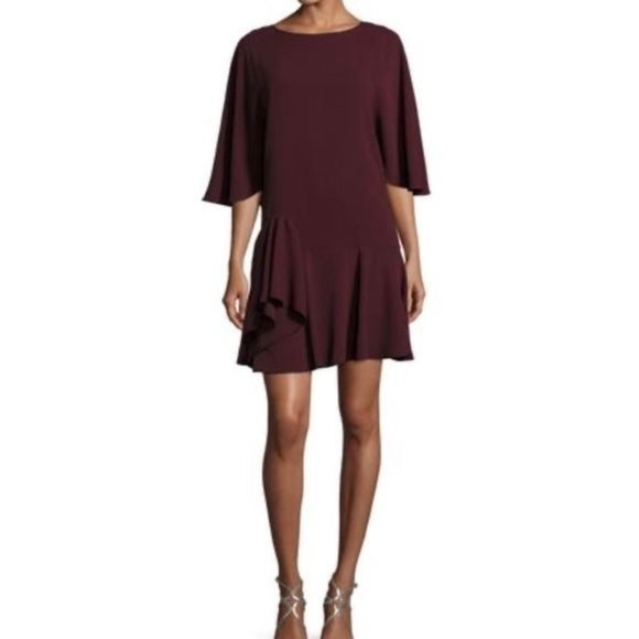 Revolve | Halston Heritage ‘Syrah’ Wine Scoop Neck 3/4 Sleeve Ruffle Mini Dress - Picture 1 of 8
